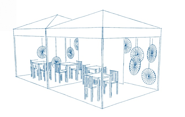 Illustration de chaises sous des tentes